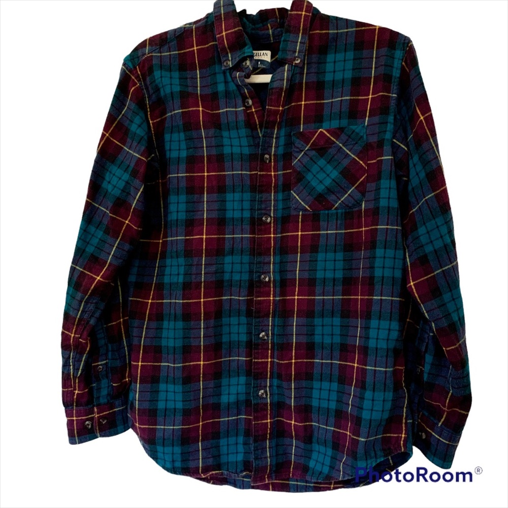 ✨ Teal Burgundy Button Down Plaid Flannel Shirt